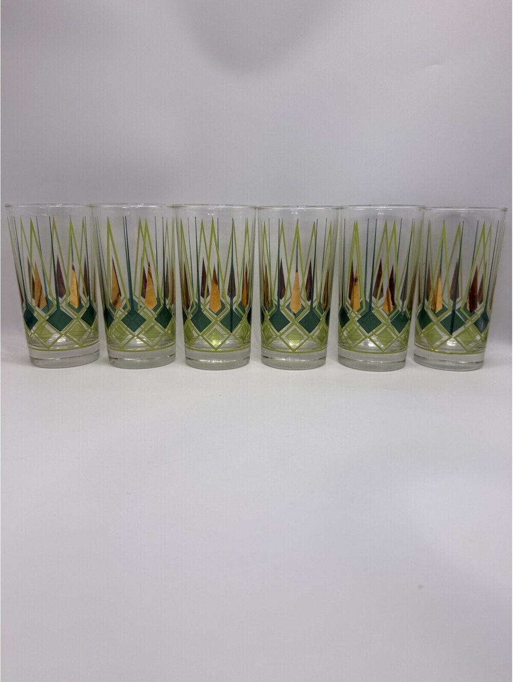 Federal Glass Art Deco MCM Lime Green w Gold Set of 6 High Ball Glasses